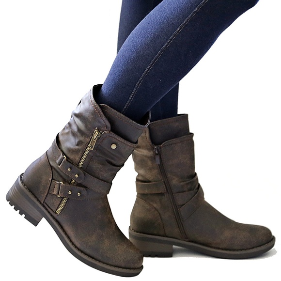 New Brown Mid-Calf Biker Short Boots Booties - Picture 1 of 2